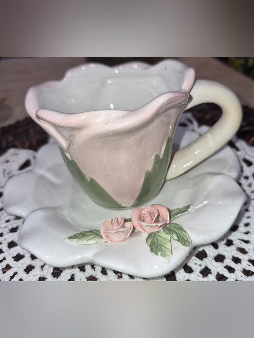 Vintage Home Interiors Victorian Rose Dolomite Teacup & Saucer Set
